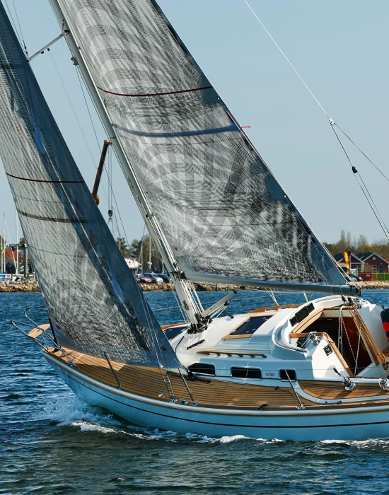 Faurby 335 Performance Cruiser, sailing in Denmark, with tiller steering